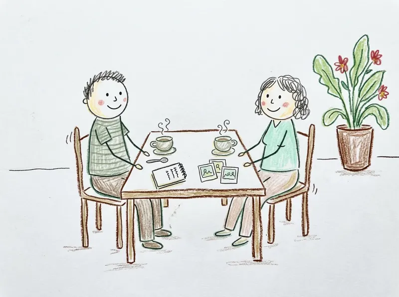 Kinderzeichnung: Zwei Erwachsene im ruhigen Gespräch am Tisch, mit Tee, Notizbuch und Bildkarten