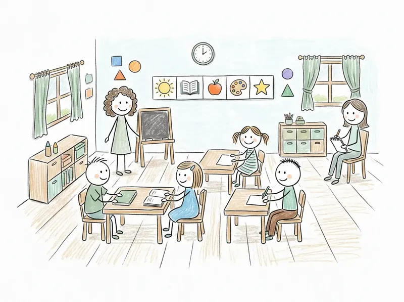 Kinderzeichnung: Klassenzimmer mit Bildkarten-Tagesplan an der Wand, hinten sitzt eine Fachperson und macht Notizen
